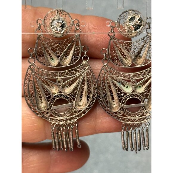 Vintage Handmade Silver Filigree Dangle Earrings With Intricate Swirl Design & D - Picture 6 of 11